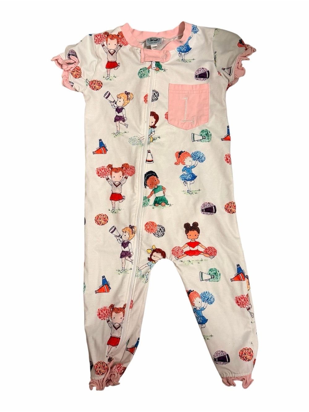 White & Pink Cheerleader Print One-Piece Pajama Romper